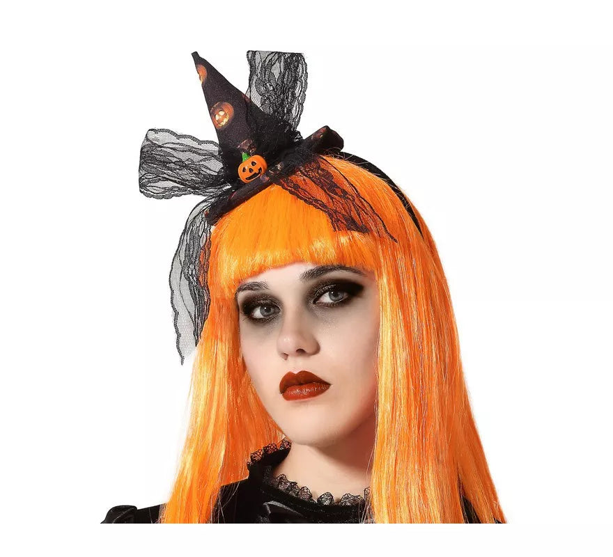 Diadema de Bruja con Mini Sombrero de Calabazas y Lazo
