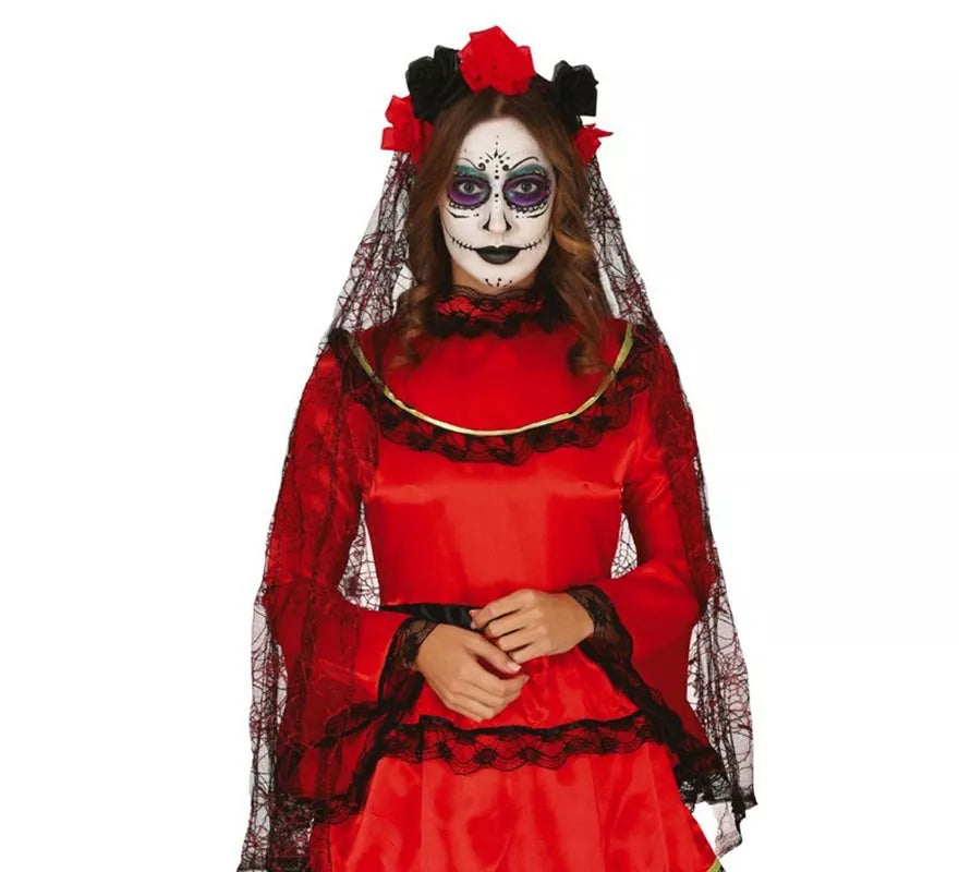 Diadema de Flores Negras y Rojas con Velo