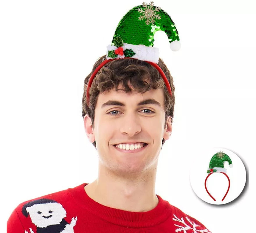 Translation missing: it.Diadema de Gorro Navideño con lentejuelas verdes