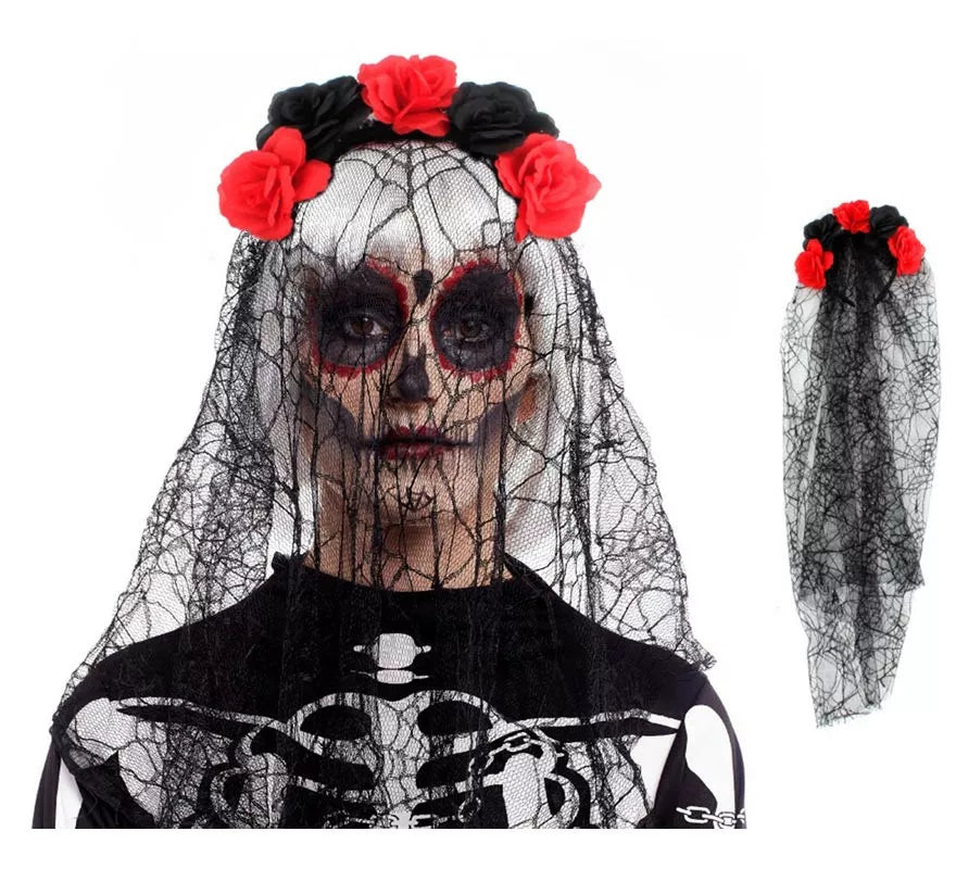 Translation missing: it.Diadema de Rosas Catrina negro y rojo con velo