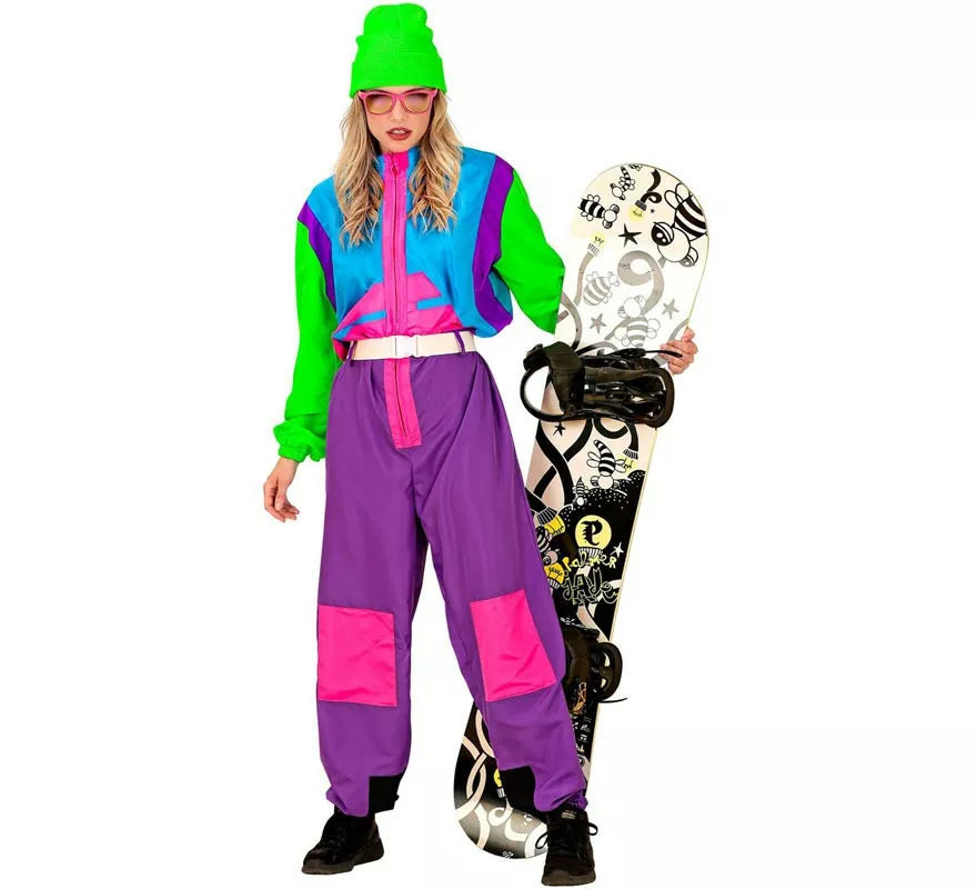 Translation missing: it.Disfraz de Snowboarder lila y verde fluorescente para adulto