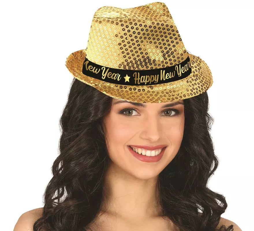 Translation missing: it.Gorro Gánster Happy New Year Lentejuelas dorado