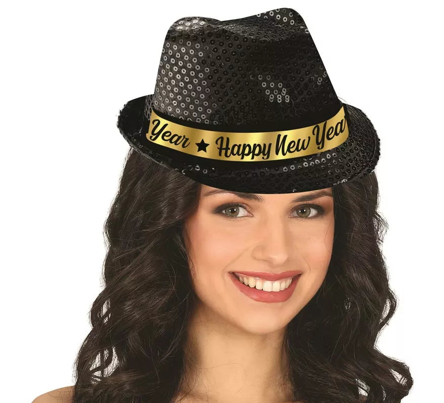 Translation missing: it.Gorro Gánster Happy New Year Lentejuelas negro