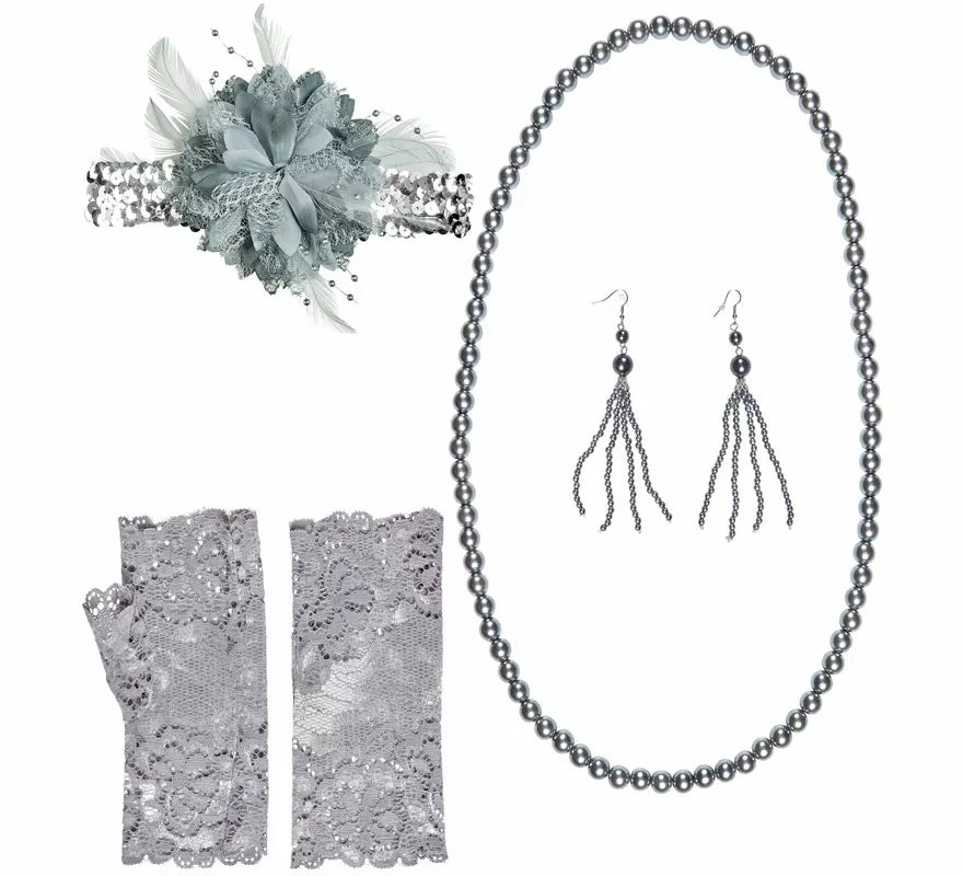Kit de Charleston Años 20: Lazo, Pendientes, Collar y Guantes