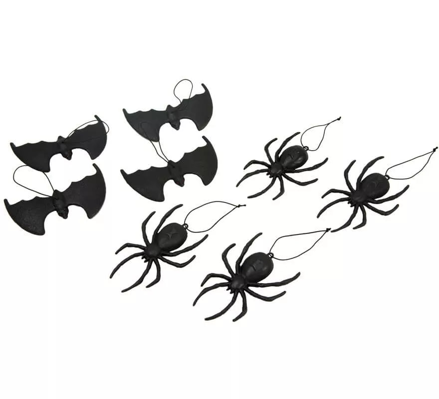 Pack 4 Arañas y 4 Murciélagos Colgantes de 14 cm