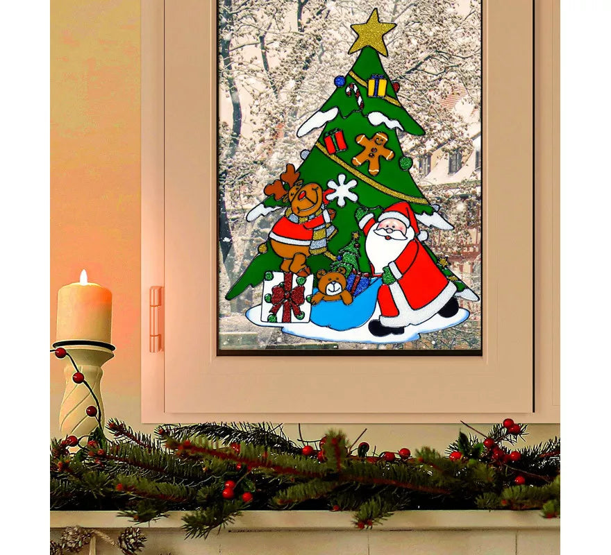 Translation missing: it.Pegatina Ventana Árbol Navidad con Papá Noel y Reno de 40 cm