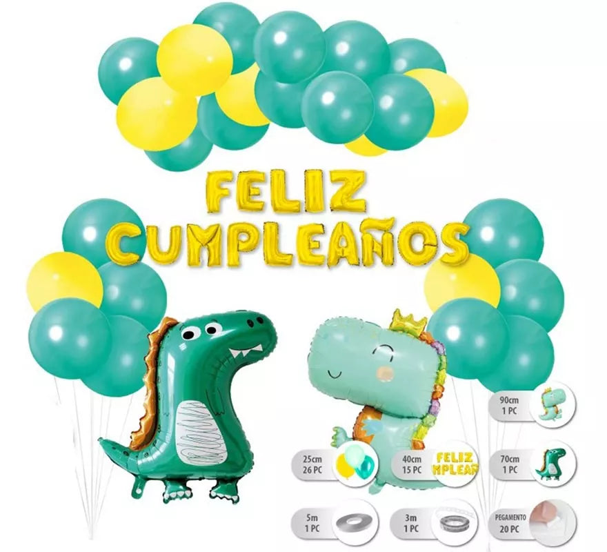Translation missing: it.Set 26 pc Globos Dinosaurios con Guirnalda de Feliz Cumpleaños