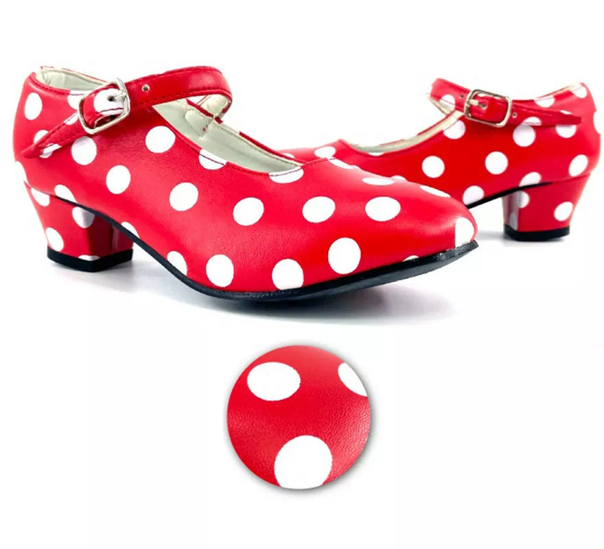 Translation missing: it.Zapato Sevillana con tacón Rojo con lunares Blancos en números del 22 al 41