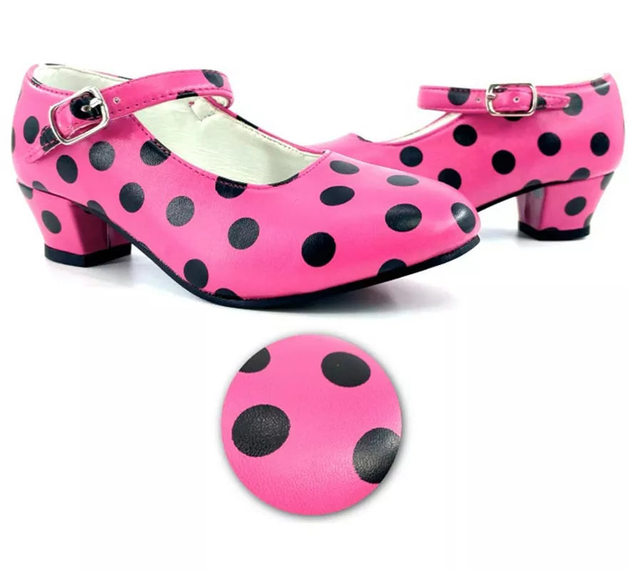 Translation missing: it.Zapato Sevillana con tacón Fucsia con lunares Negros números del 22 al 41